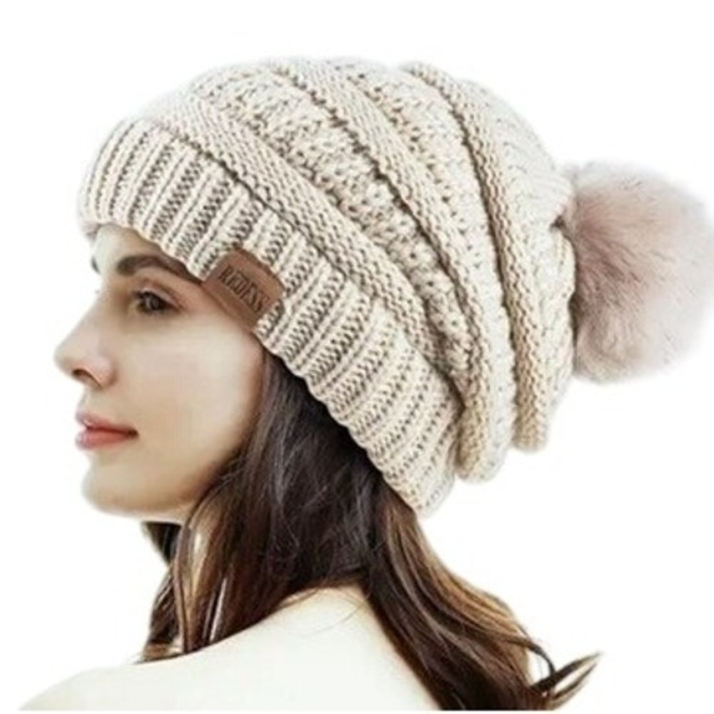 Gorro De Invierno Holgado Con Pompón Forrado Ideal Para Esquiar Color‎ Marfil